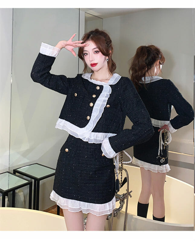 QUNG クン Soireé Tweed Two Piece Set ブラック（Korea Stylish Color 